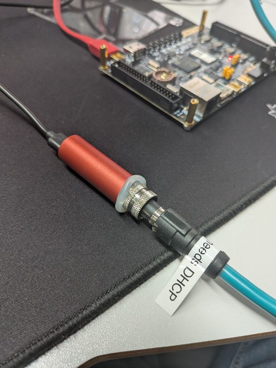 Auto-Intern M12 Ethernet adapter connected to the ALINX AX7020