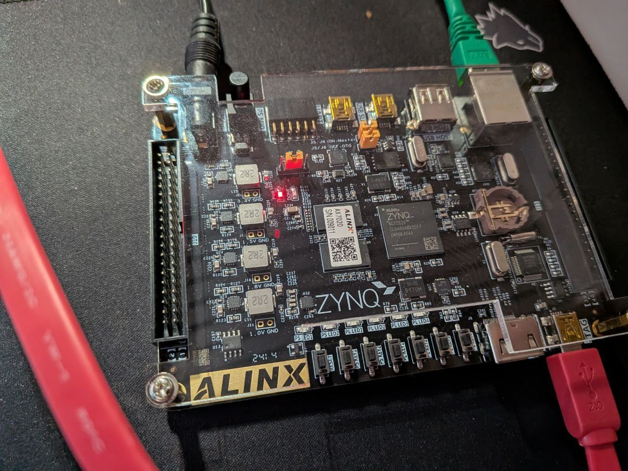ALINX AX7020 on the bench: Zynq XC7Z020 in the centre, boot jumper J13 on JTAG, Ethernet and JTAG attached