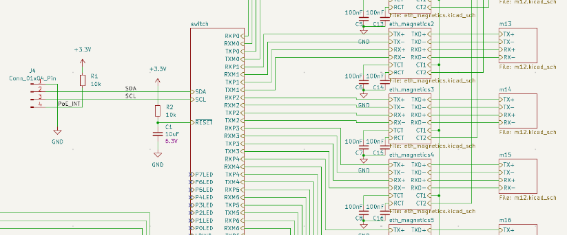 A dense KiCad schematic with multiple Ethernet PHY blocks, bypass capacitors, and interconnected nets: the kind of drawing that is hard to review and harder to diff