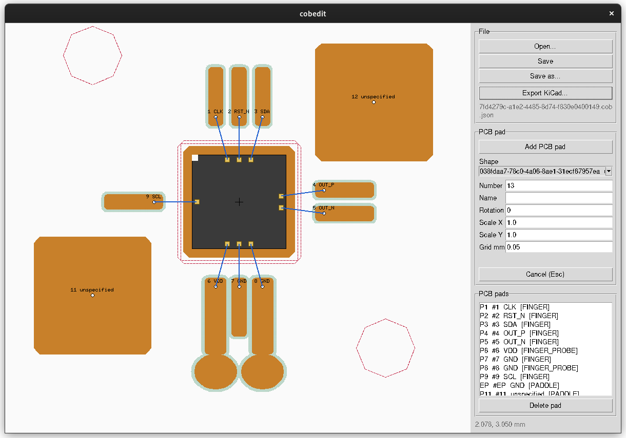 cobedit with the demo chip loaded: canvas on the left showing die, bond fingers, wires, keepout and fiducials; toolbox on the right with file actions, the pad tool and the pad list