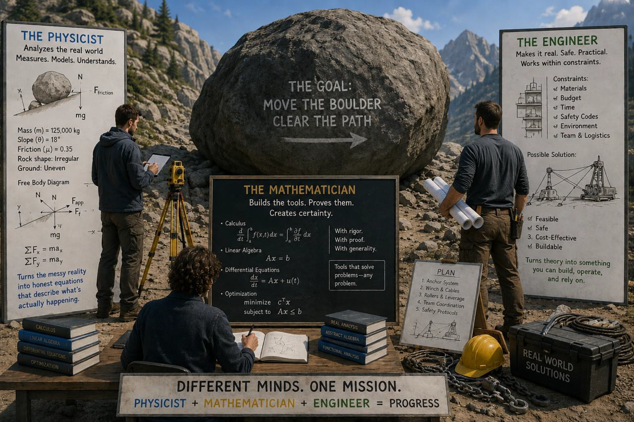 Three figures around a boulder in the mountains: a physicist with equations, a mathematician at a chalkboard, an engineer with blueprints. Caption: Different minds. One mission.