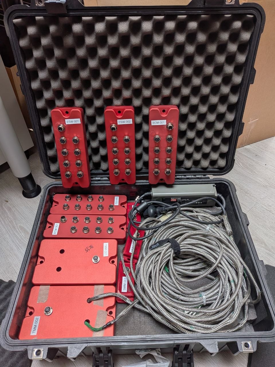 Peli case packed: foam cut to fit, modules secured, cables coiled alongside
