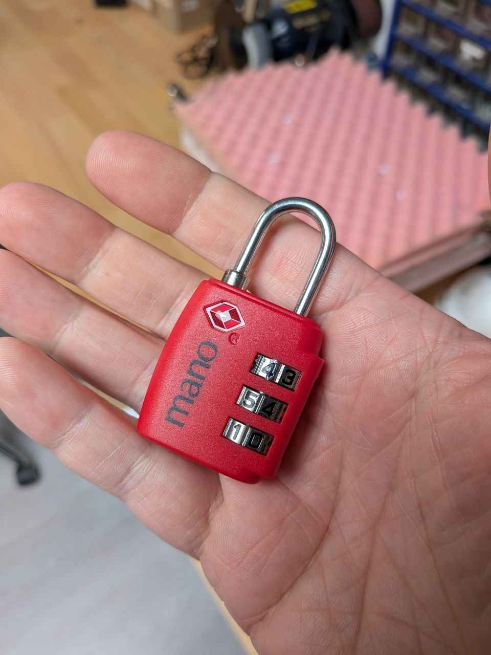 TSA-compliant lock — one of two on the case. One didn't make it back.