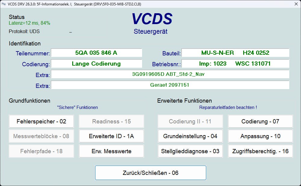 VCDS — ECU identification screen