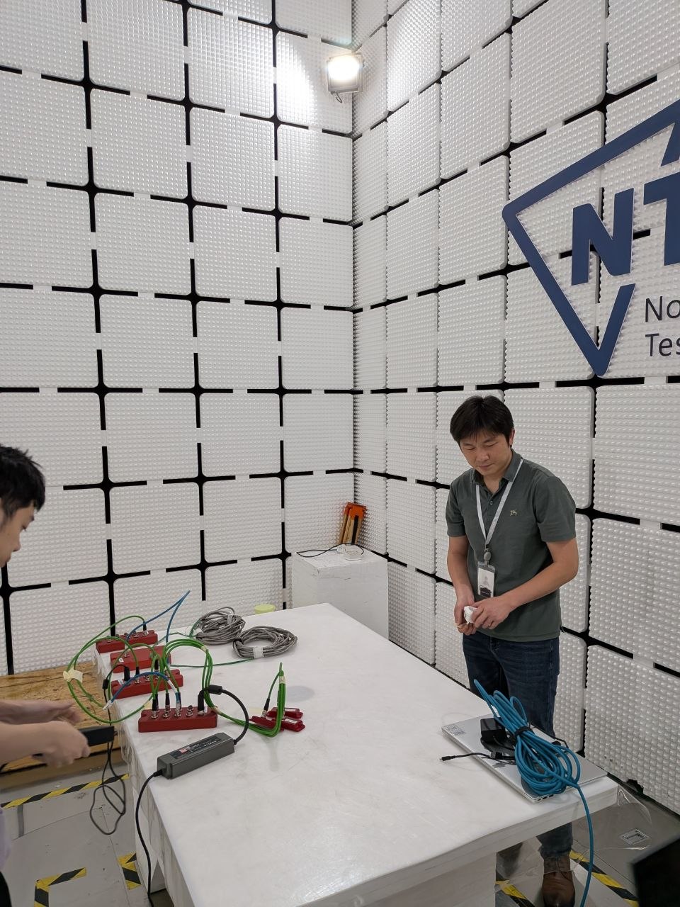 Inside the anechoic chamber — radiated emissions test in progress