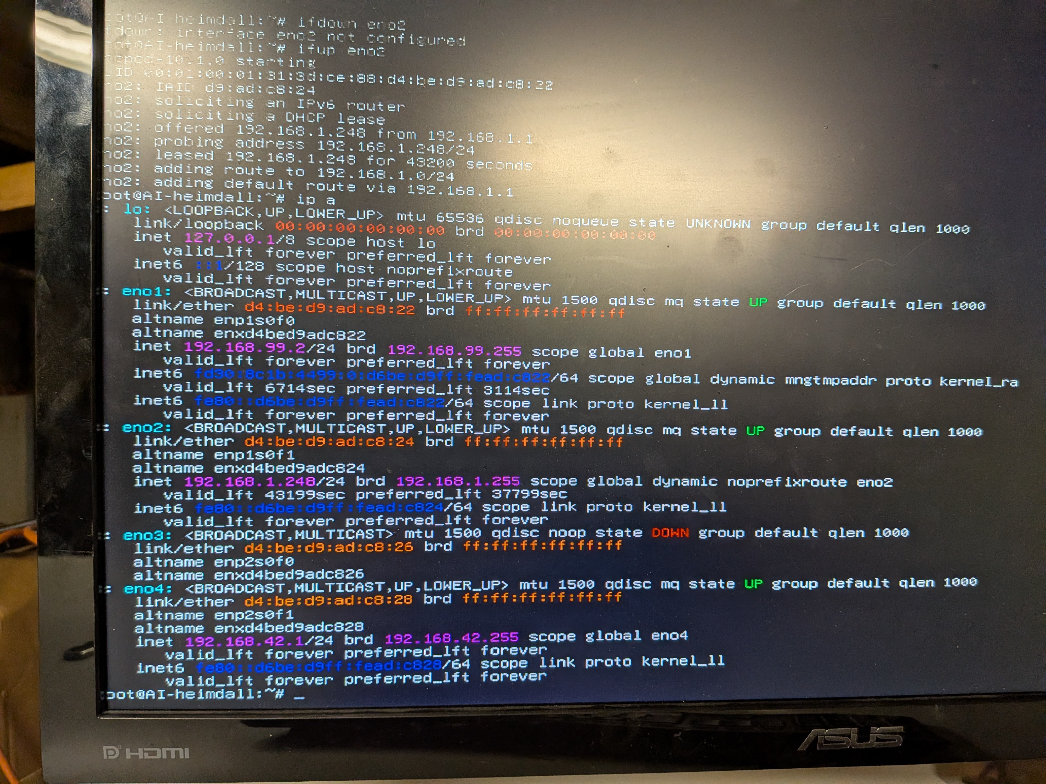 `ip a` on AI-heimdall — eno1 (DSL), eno2 (Starlink), and eno4 (internal network) all active