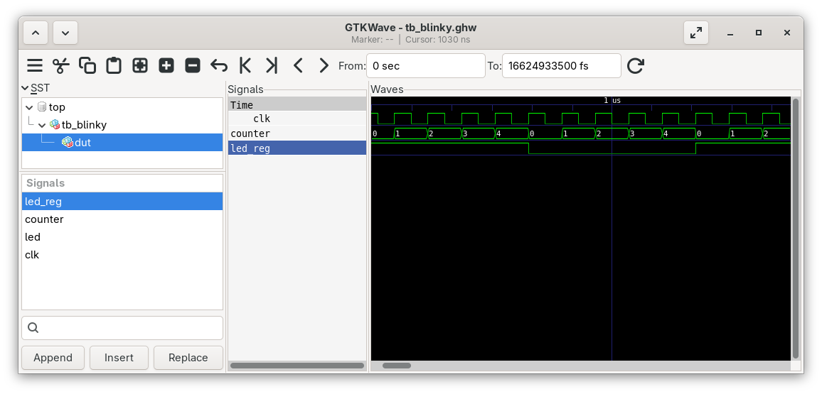 GTKWave showing tb_blinky with dut selected in the SST tree and clk, counter, led_reg visible in the wave view