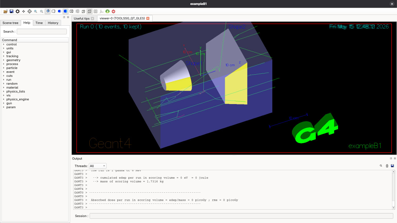 The Geant4 Qt GUI running exampleB1 — 3D geometry viewer on the right, command tree on the left, output log at the bottom.