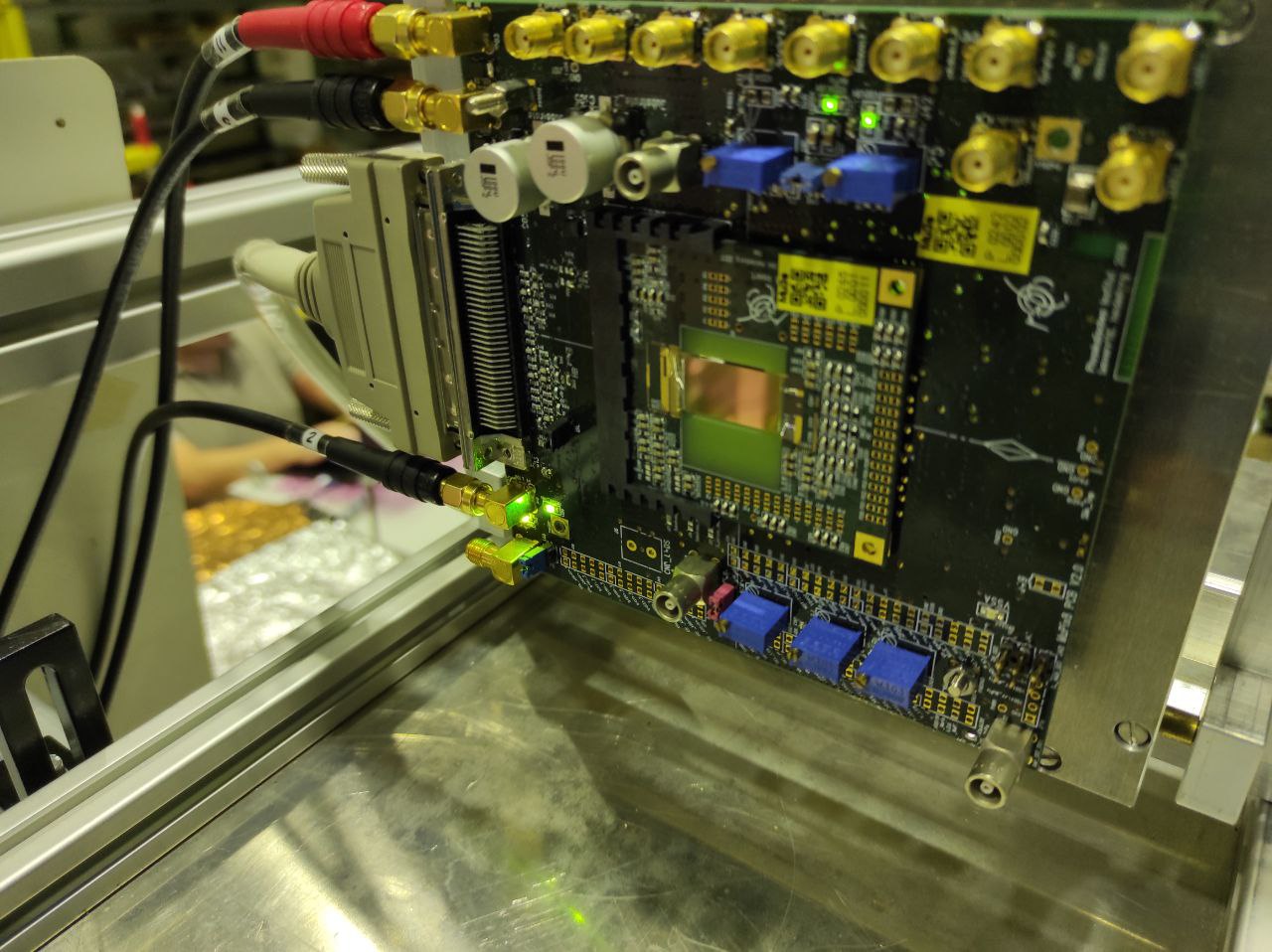 MuPix8 evaluation board mounted in the COSY test beam setup, 2022