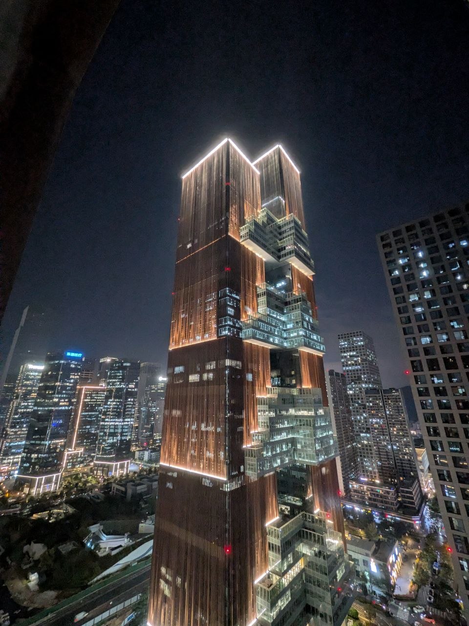 Shenzhen night skyline — the twin towers near the venue