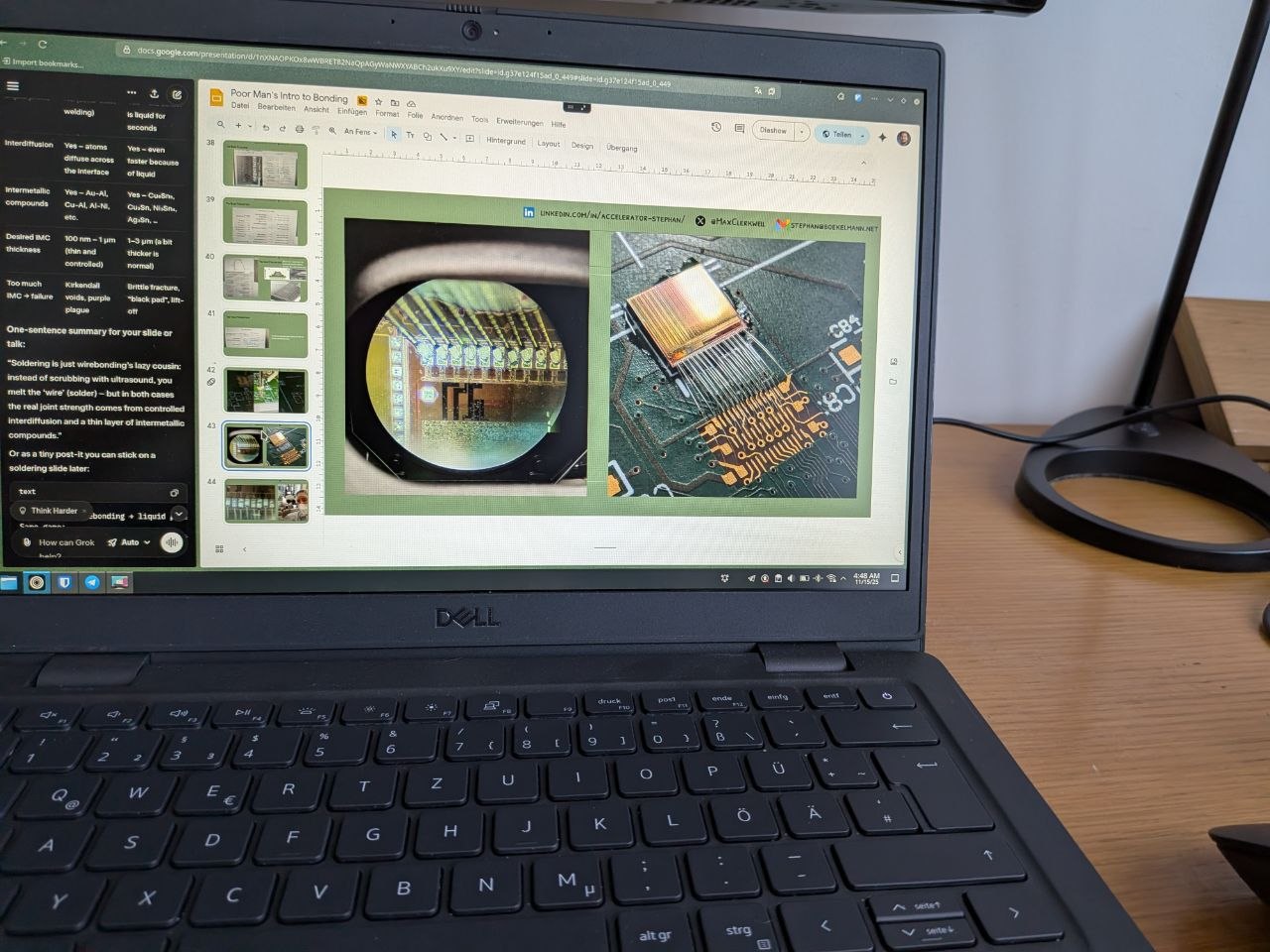 Dell laptop showing wire bonding slides — CLICpix and MuPix microscope images