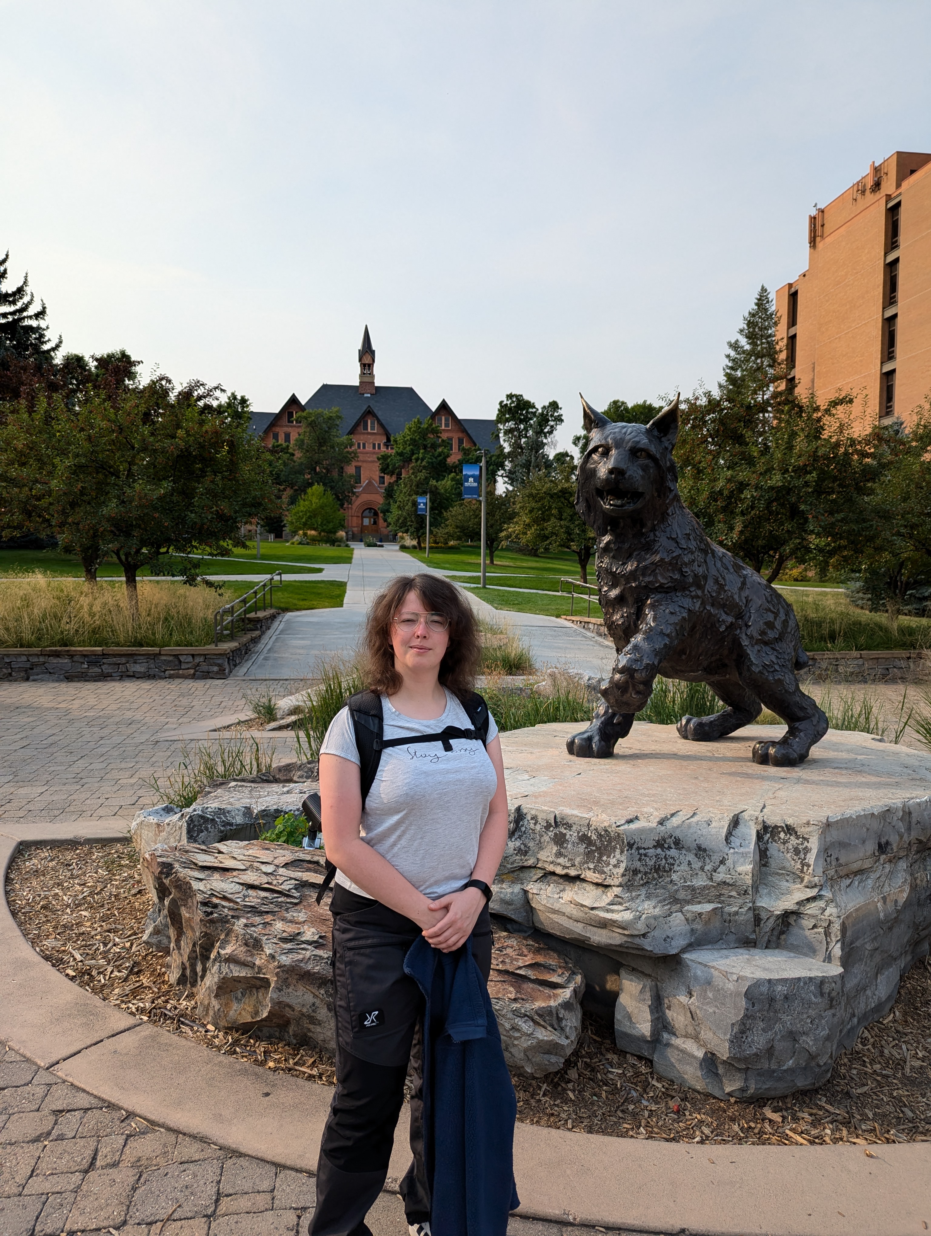 Tabea Bökelmann on the MSU campus — Bronze Bobcat in the background, first day in Bozeman