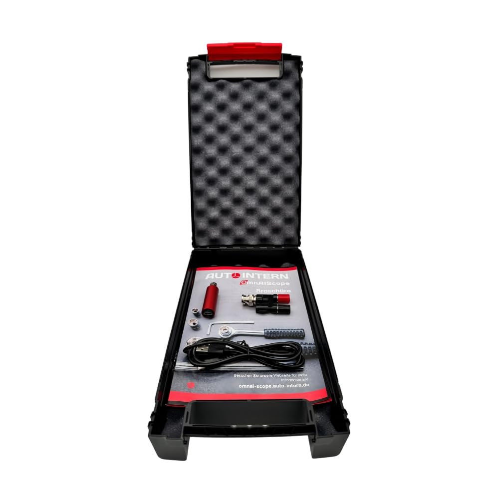 OmnAIScope USB oscilloscope with BNC probe cable — red anodised aluminium housing